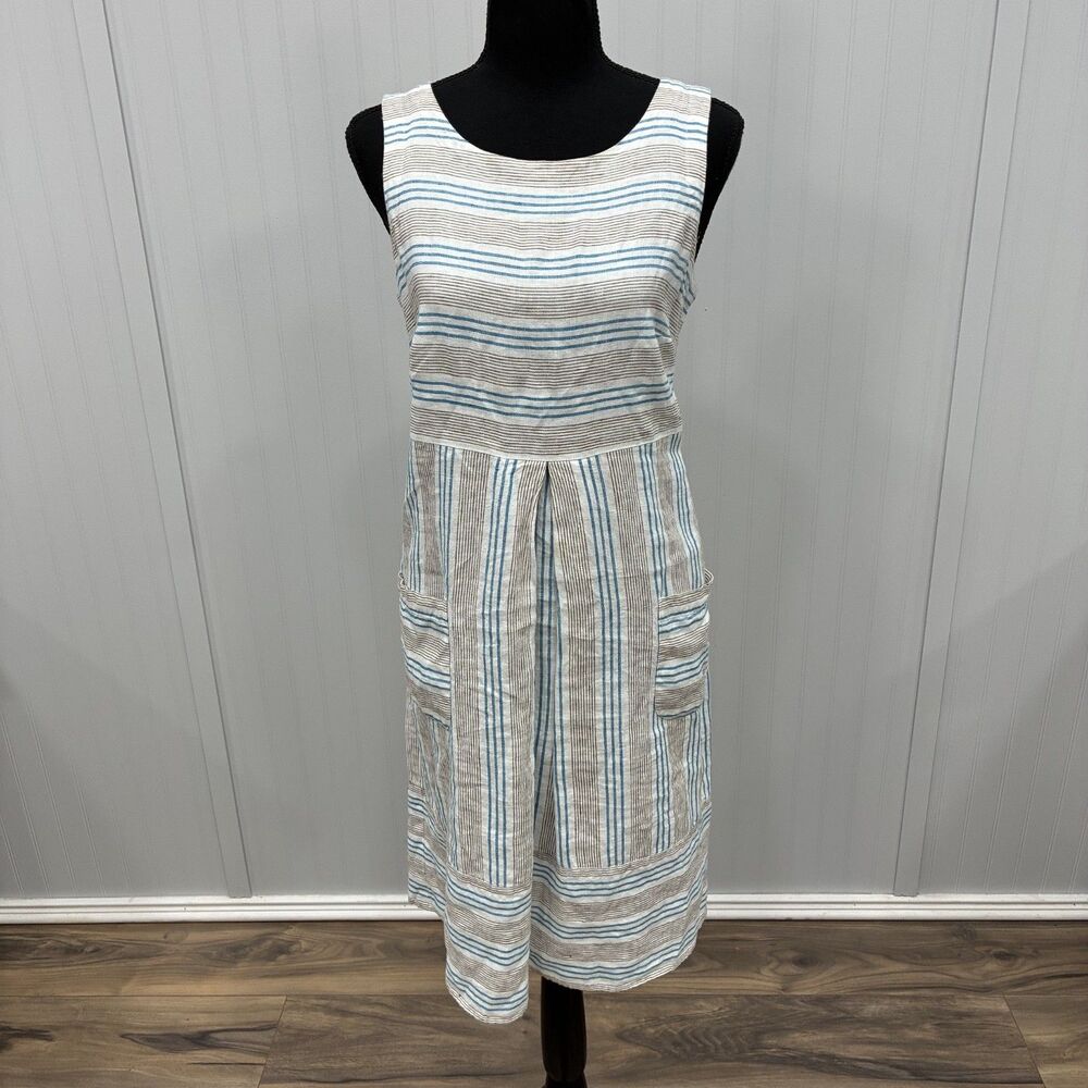 J.Jill Love Linen Dress Womens Small Blue Brown Striped Midi Pocket Sleeveless S